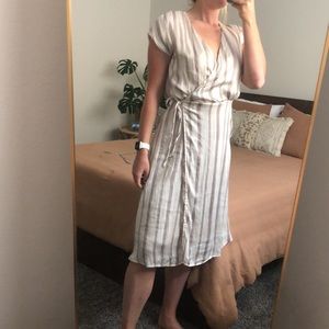 Silk taupe and creme striped midi dress